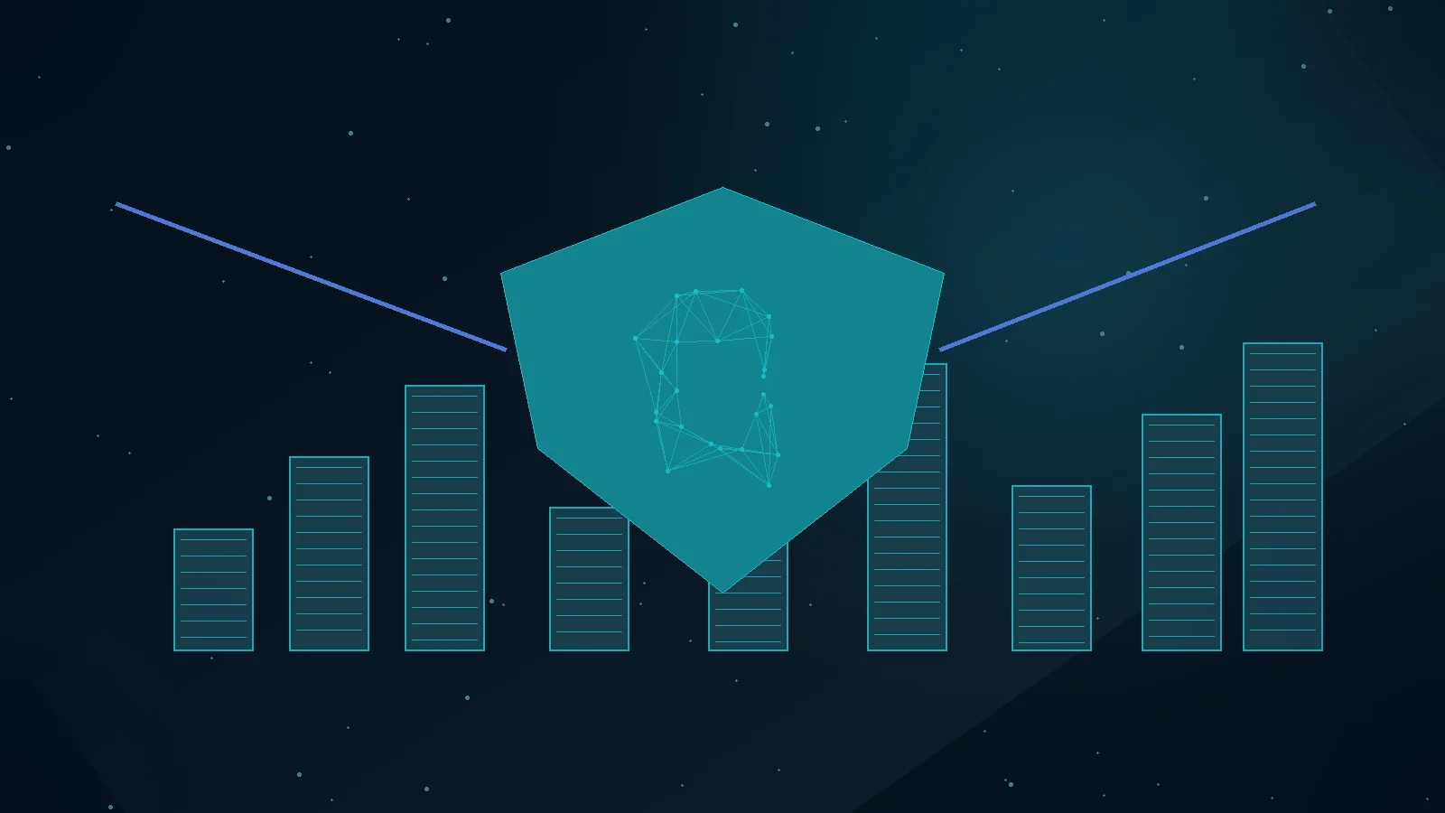 A digital city and critical infrastructure network protected by a luminous shield while an AI-driven cyber signal probes the perimeter.