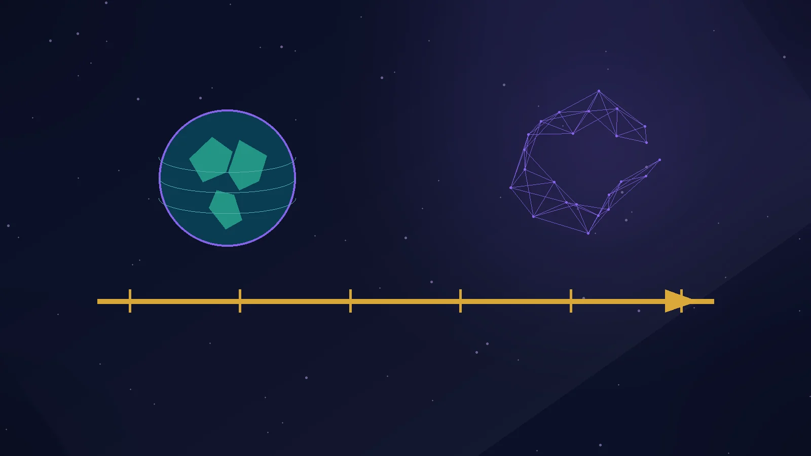 A decade timeline beside a glowing AI system and Earth, designed as an editorial illustration of uncertainty rather than a countdown prediction.